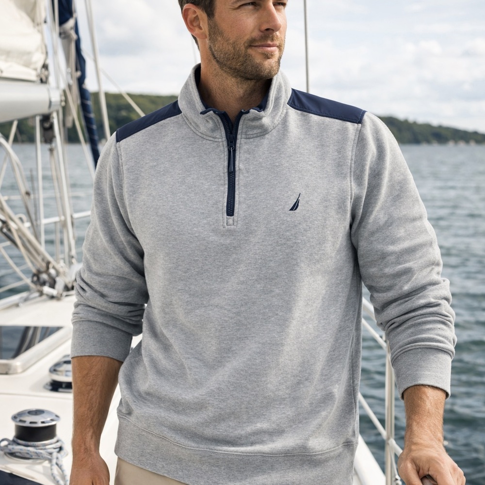 Nautica‎ Men’s XL Gray Quarter Zip Pullover Sweatshirt Navy Panels Cotton Blend